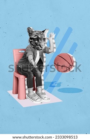 Vertical collage picture of black white colors kid sit chair hands catch basketball book text isolated on painted blue background