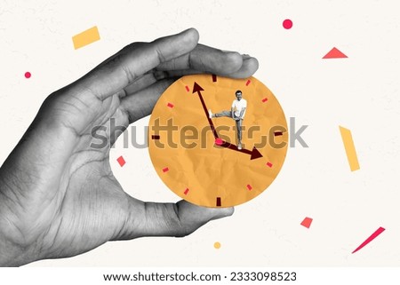 Photo collage artwork picture of arm holding clock dancing arrow guys isolated graphical background Royalty-Free Stock Photo #2333098523