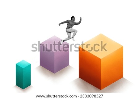 Collage portrait of excited mini black white effect guy jumping between big squares cubes isolated on creative background Royalty-Free Stock Photo #2333098527