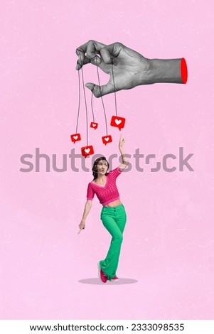 Photo collage artwork picture of funky funny lady catching hanging feedback hearts isolated pink color background