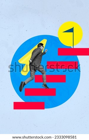 Creative collage magazine black white effect photo of old aged determined man run pointer flag jump stairs isolated on drawing background