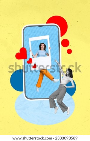 Collage image artwork of two happy people bloggers hold instant photo avatar snapshot photography window have fun dance