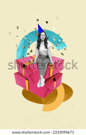 Vertical creative collage image of beautiful funky young female sit pile stack pink big present gift boxes celebrate birthday surrealism