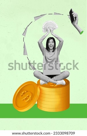 Picture surreal retro pop artwork collage of crazy happy rich wealthy woman hold cash rejoice increase salary sitting flying paper plane