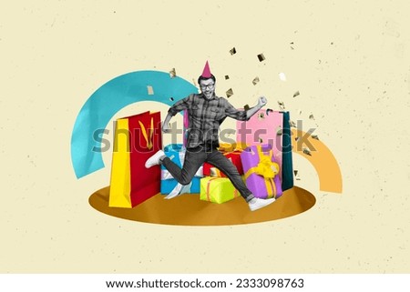 Collage 3d image of pinup pop retro sketch of young funny excited man running shopping bags present giftbox sales discount