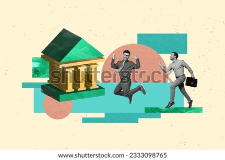 Creative drawing collage picture of bank building banker economist entrepreneur two together man jump run employee investment market money Royalty-Free Stock Photo #2333098765