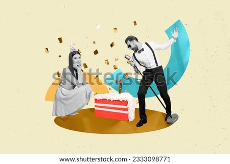 Creative drawing collage picture of beautiful happy female cone hat singer man gentleman sing musician celebrate birthday agency