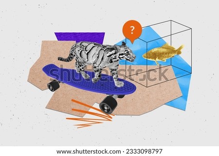 Composite collage picture image of animal zoo cat leopard ride skating skateboard fishing nature golden fish weird freak bizarre unusual