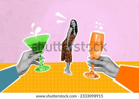 Full body photo collage of relaxed funny woman dancing chill carefree toast cheers drink mojito and champagne isolated on pink background
