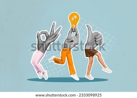Artwork collage picture of black white colors arms mini legs hold light bulb demonstrate thumb up okey symbol isolated on painted background