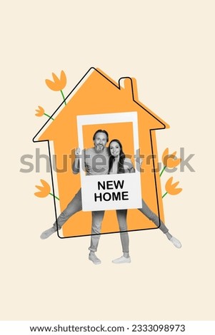 Vertical composite creative collage template of two lovers couple together hold paper frames new sweet home isolated on beige background
