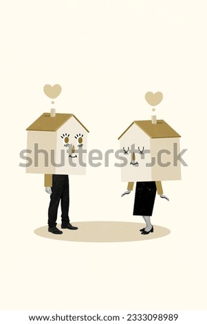 Vertical creative abstract composite photo collage of headless people houses instead of head on date isolated on white color background
