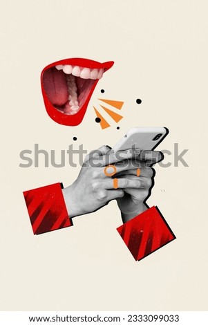 Vertical collage illustration of funny human mouth negative mood aggression screaming phone lying message isolated on beige background Royalty-Free Stock Photo #2333099033