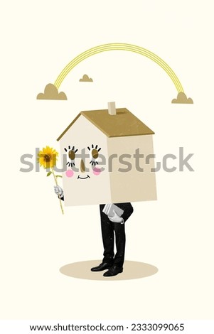 Photo composite picture collage creative surreal head birdhouse human holding sunflower present isolated on beige color background
