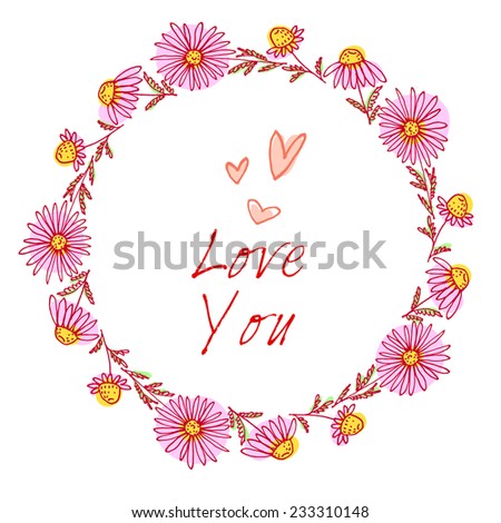 Coneflowers wreath. Floral round frame. Valentine. Vector illustration.