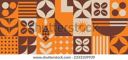 Pattern with coffee theme in geometric minimalistic style. Print with abstract shapes. Illustration for cover design, food package, menu, background, café wall, coffee shop, banners. Royalty-Free Stock Photo #2333109939