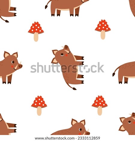 Forest seamless pattern with cute boars and fly agaric.