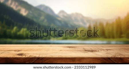 The empty wooden table top with blur background of summer lakes mountain. Exuberant image. Royalty-Free Stock Photo #2333112989