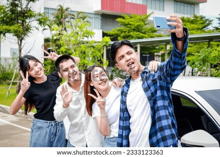 Group of Asian teenagers taking a selfie together smiling happily. Travel concept. transportation