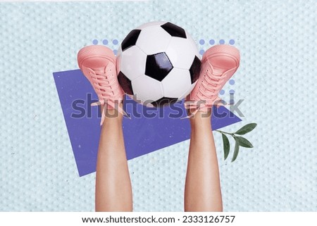 Photo collage illustration of sportive legs foots holding show skill dribbling football game advert shoes isolated over blue background