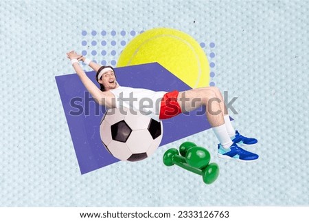 Collage picture of young funny athlete gym sportsman stretching warmup before hard training football player isolated on painted background