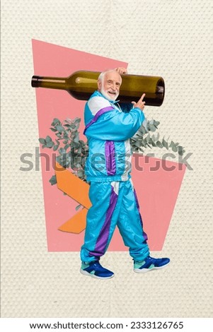 Vertical picture collage image of funny senior grandfather carry huge bottle his homemade wine sportswear isolated on beige background