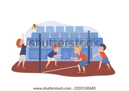 Boys playing volleyball on court against of the seating area. Happy children playing sport game together. Sport, health and leisure vector isolated illustration. Volleyball players cartoon characters