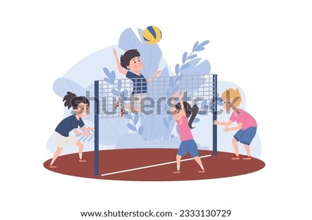 Boys and girls playing volleyball on court. Happy children playing sport game together having fun. Sport, health and leisure vector illustration on blue floral. Volleyball players cartoon characters