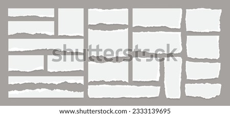 Collection of white torn or ripped paper sheets on grey background. Office notebook strip, scrap page or newspaper clip art with edge for ornament decoration. Social media grunge banner or split label