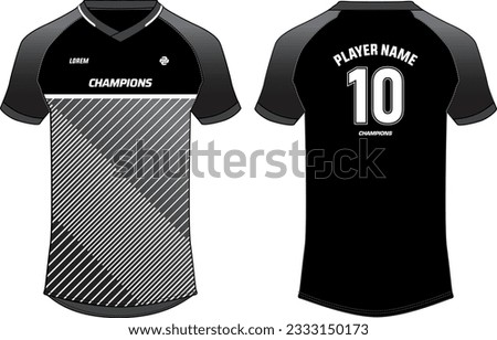 Sports t-shirt jersey design flat sketch illustration, Abstract stripe v neck Football jersey concept with front and back view for Soccer, Cricket, Volleyball, Rugby, tennis, badminton uniform kit