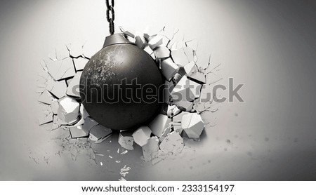 Wrecking ball shattering the white wall Royalty-Free Stock Photo #2333154197
