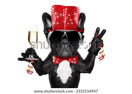 french bulldog dog celebrating new years eve with champagne glass, victory and peace finger, isolated on white background