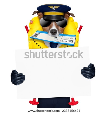 jack russell airline pilot or flight attendant dog , with check in boarding pass ticket in mouth , isolated on white background, holding a placard banner or blackboard