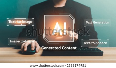 AI, Artificial Intelligence, AI generated content Concept. Artist Man using AI Art to generate image content. Text to image command prompt generates, technology Business, futuristic transformation.