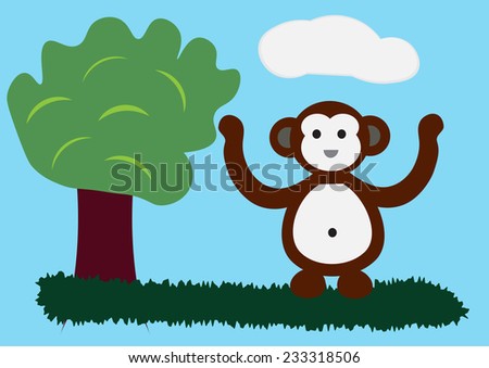 Cute monkey cartoon character standing nearby the tree