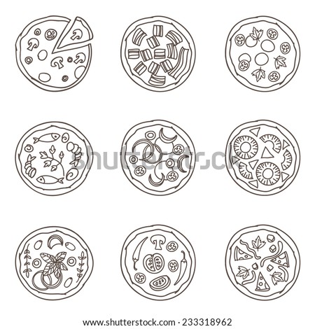 Simple Outline Sketches of Different Kinds of Italian Pizza. Seamless Pattern.