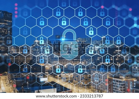 Illuminated aerial cityscape of Seattle, downtown at night time, Washington, USA. The concept of cyber security to protect confidential information, padlock hologram