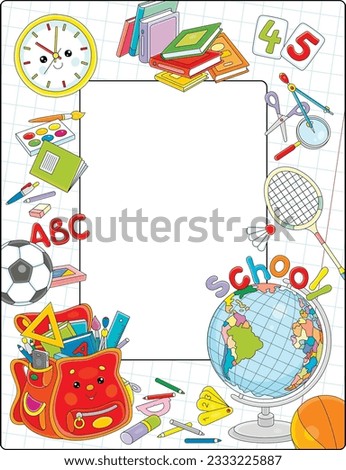 Vector school frame border with a funny cartoon satchel, globe, clock, textbooks, balls and other objects for schoolchildren