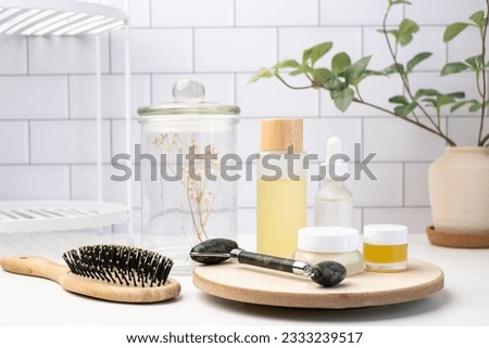 Healthcare, and personal care product in the bathroom. Cosmetics and skin care concept.. 