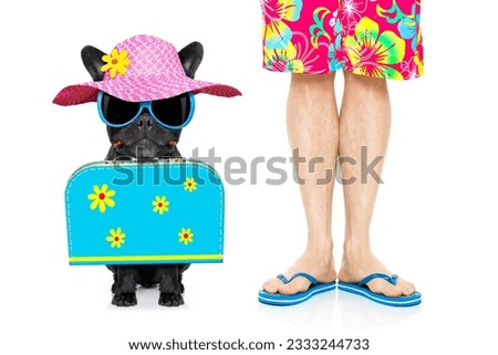dog and owner with bag and luggage ready for a summer holiday vacation together , isolated on white background