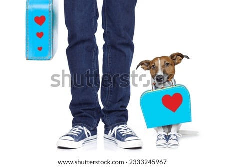 dog and owner with bag and luggage ready for a holiday vacation together , isolated on white background