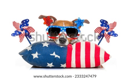 jack russell dog celebrating 4th of july independence day holidays with american flags and sunglasses, isolated on white background