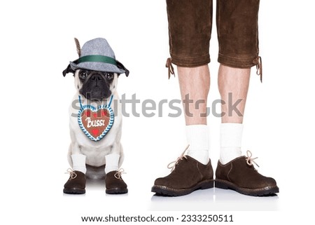 pug dog with gingerbread heart and bavarian owner ,isolated on white background