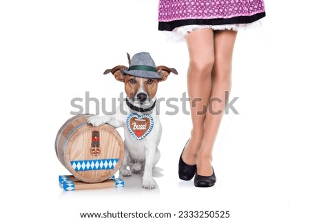 jack russell dog with beer barrel and gingerbread heart and owner , isolated on white background