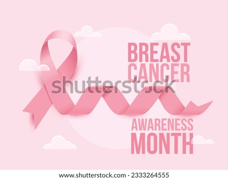 Pink ribbon for Breast Cancer Awareness Month October. Curly pink ribbon on pink background with clouds. Vector illustration.