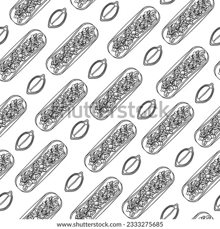 Tacos and lime seamless pattern, top view. Vector line taco icon with tomatoes, avocado, meat, pepper, onion. Hand drawn fast food in black and white color