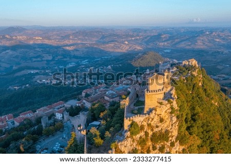 Aerial view of San Marino with Torre Guaita.
