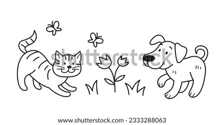 Doodle coloring page. Drawing with smiling dog and cat, flowers and butterflies in hand drawn style. Outline sketch with animals or pets. Linear flat vector illustration isolated on white background