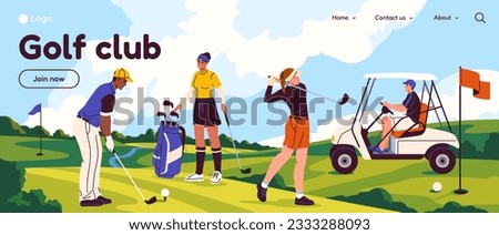 Landing page with golf club. Website with smiling people golfer and sports. Horizontal banner with happy characters playing on field with golf sticks in nature. Cartoon flat vector illustration Royalty-Free Stock Photo #2333288093
