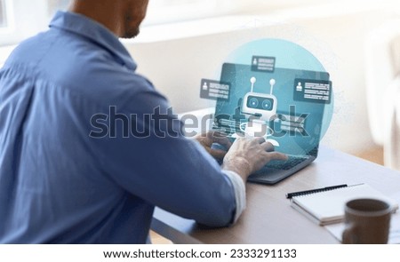 Unrecognizable african american young man independent contractor using chatbot on laptop computer while working online. Freelancer looking for creative solutions, using AI technologies, collage Royalty-Free Stock Photo #2333291133